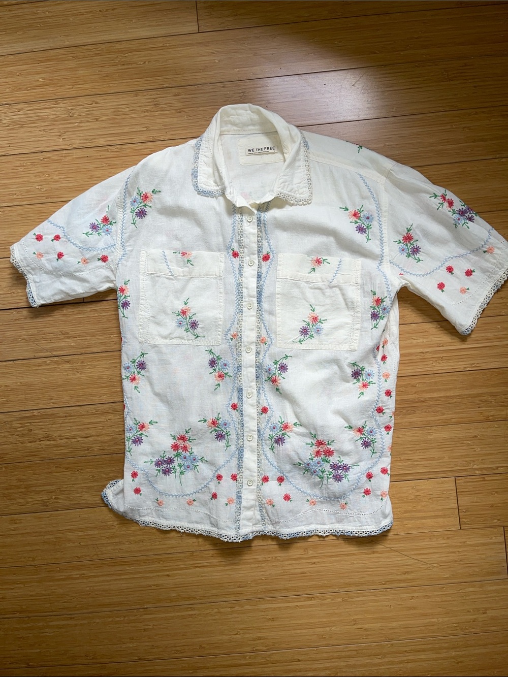We The Free White Short-Sleeve Button-Up with Multicolor Floral Embroidery